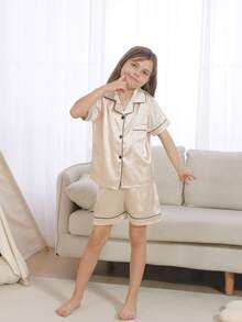 Girls Solid Color Satin Loungewear - Sweet Short Sleeve Top & Shorts Set In Bright Solids - Rượu sâm banh - Xem 3