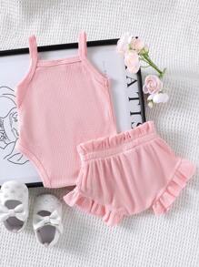 2pcs/Set Cute Embroidered Strap Romper + Shorts Outfit For Toddler Girls, Lightweight For Summer