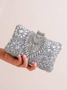 1 pieza Bolso de noche con cadena desmontable y decoración de strass plateado