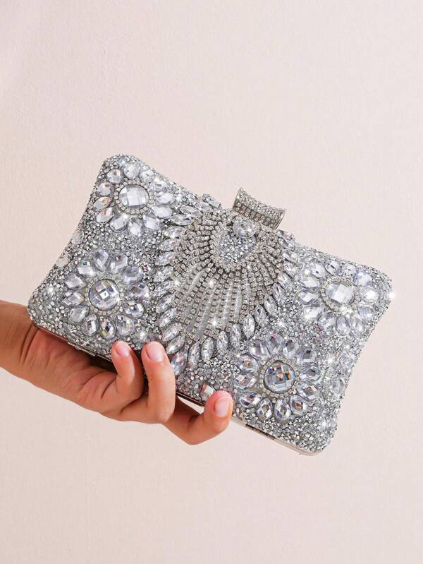 1pc Silver Rhinestone Decor Detachable Chain Evening Clutch Bag