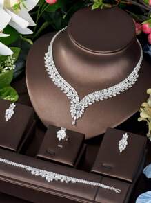 1 set de bijuterii pentru femei, include colier, cercei, brățară, inel, cu decor cu frunze de zirconiu cubic, stil minimalist, potrivit pentru cadou de Ziua Îndrăgostiților