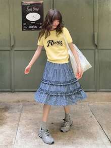 RUIWY 女款彩色块字母印花针织短袖T恤，夏季设计休闲圆领上衣，修身