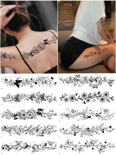 (1 Set Of 10pcs) Long Strip Butterfly, Flower, Line Tattoo Stickers, Sexy Spine, Branches, Butterfly, Wrapped Line Temporary Tattoo Waterproof Lasting, Suitable For Women's Arms, Thighs, Back, Coccyx, Abdomen, Calves