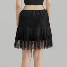 Women Y2K Black White Lace Mini Skirt Low Rise Half Slip Underskirt Ruffle Pleated Layered Flowy Short Skirts - 黑色 - 查看 4