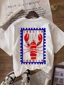 Camiseta casual de mujer con cuello redondo y manga corta con estampado de langosta, para salir en verano