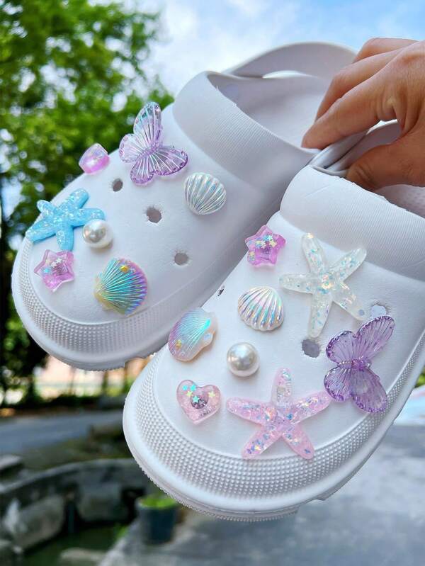 15pcs Resin Starfish & Shell Series DIY Fashion Detachable Shoe Accessories, Suitable For Sandals, Garden Shoes, Perfect Gift