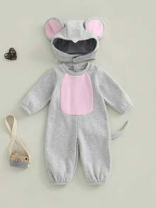 Baby Mouse Costume, Long Sleeve Contrast Color Jumpsuit With Hat Halloween Costume - Grey - View 1