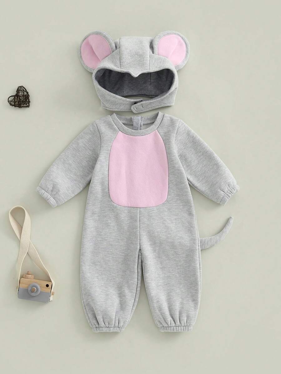 Baby Mouse Costume, Long Sleeve Contrast Color Jumpsuit With Hat Halloween Costume - Grey - View 1