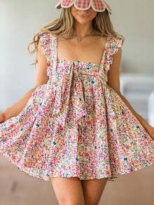 Women Ruffle Trim Babydoll Mini Dress Cute Bow Tie Flowy Sundress Loose Sling Dress Floral Going Out Dresses - Pink - View 5