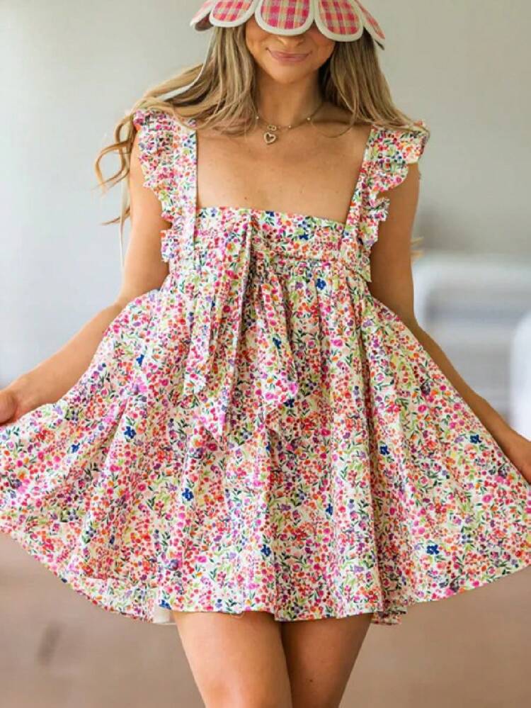 Women Ruffle Trim Babydoll Mini Dress Cute Bow Tie Flowy Sundress Loose Sling Dress Floral Going Out Dresses - 粉色 - 查看 5