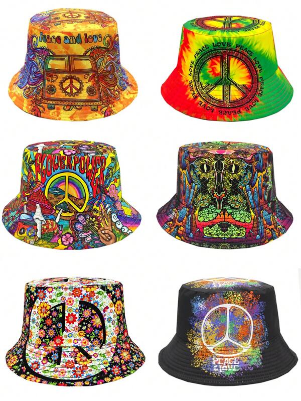 Cappello da secchio casual reversibile con stampa grafica Peace & Love, cappello da sole visiera unisex adatto per vacanze e viaggi