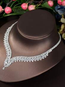 1 set de bijuterii pentru femei, include colier, cercei, brățară, inel, cu decor cu frunze de zirconiu cubic, stil minimalist, potrivit pentru cadou de Ziua Îndrăgostiților