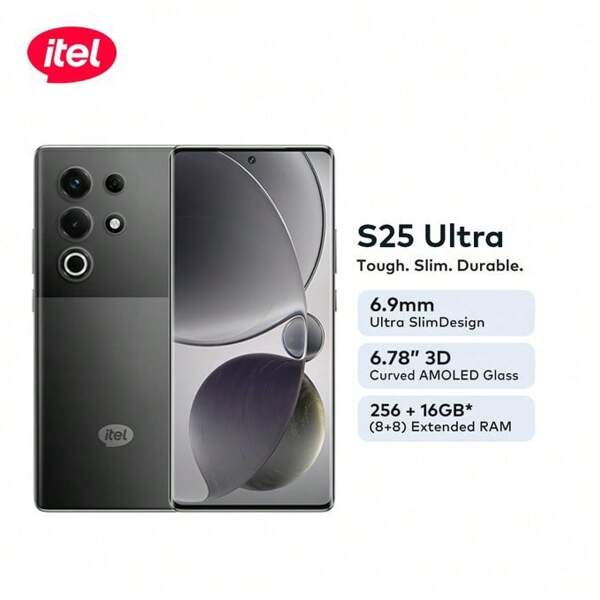 itel Itel S25 Ultra Dual SIM 4G Black Android 14 Smartphone 8GB RAM 256GB,5000mAh Battery,Type-C Charging, Fingerprint Unlocking
