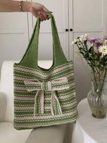 1 Peça Bolsa de Tricô de Grande Capacidade, Bolsa de Ombro Simples, Bolsa Transversal, Bolsa Estampa de Laço Dupla Cor Listrada Essencial para Sair, Viagem, Fotografia, Trabalho, Transporte de Roupas, Cosméticos, Pequenos Itens, Bolsa de Viagem, Adequada como Presente para Amigos, Família, Namoradas, Decoração de Quarto, Volta às Aulas, Itens Essenciais de Viagem