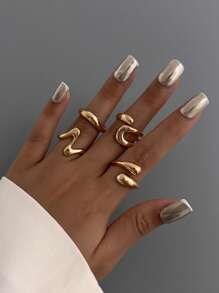 4pcs/Set Fashionable Asymmetric Water Drop Design Gold Rings, Vintage Minimalist Punk Style Unique Thick Metallic Jewelry, Suitable For Women's Everyday And Party Wear, Casual Outfit Matching, Holiday Gifts