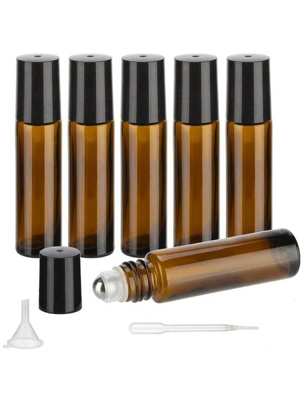 1pc Or 5pcs Or 10pcs 10ml Amber Color Essential Oil Roller Bottles With Stainless Steel Roller Ball (Funnel, Dropper Gift Included)