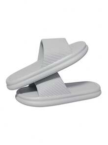 Men's Striped Slippers Size 48-49, Casual Flat Slip-On Sandals, Open Toe House Shoes, Couple's Spring/Summer Slides - Grey - View 11