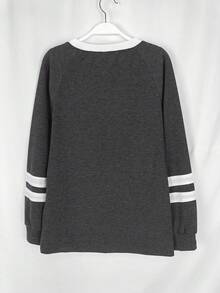 Women Plain Color Block Round Neck Long Sleeve Simple Casual Top - Dark Grey - View 5