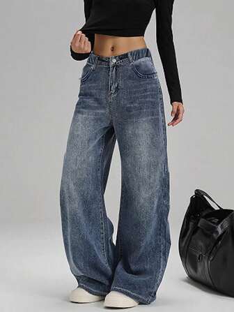 Y2K 女孩和青少年做旧宽松休闲直筒牛仔裤，百搭复古风格