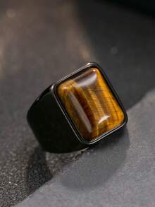 黑色粗戒指男士虎眼石戒指不锈钢铸造深色哥特式戒指朋克天然石首饰摇滚戒指日常佩戴男友礼物开业季礼物 - 虎眼石戒指 - 查看 5