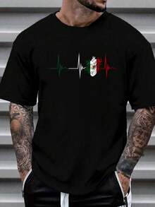 100% Cotton Mexico Heart Mexico Flag Heartbeat EKG Pulse Mexican Pride T-Shirt Women's Men's Graphic Tee Causal Tops Fashion - Black - View 1