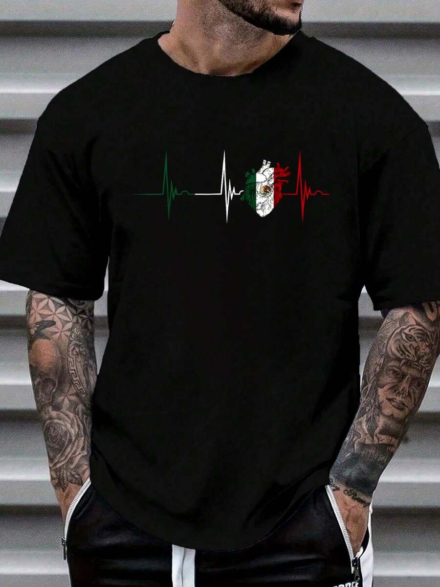 100% Cotton Mexico Heart Mexico Flag Heartbeat EKG Pulse Mexican Pride T-Shirt Women's Men's Graphic Tee Causal Tops Fashion - Black - View 1