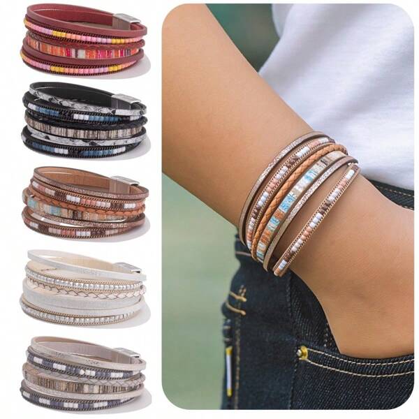 Bohemian Leather Wrap Bracelet Fashionable Layered Bracelet With Magnetic Clasp, Trackable Bohemian Jewelry, Women's Gift