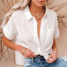 Women's Summer Casual Solid Color Cotton-Linen Cardigan Button-Closure Short-Sleeve Shirt Top For Daily Office Wear - 白色 - 查看 2