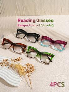 LiMiaoMiao 3/4pcs  Cat  Eye    PC    Reading Glasses For Women And Men Suitable For All Seasons  Leopard Print Black, Green, Purple, Fashionable Computer Reading, Clear Magnification+1.0 To+4.0 Presbyopia Glasses - 4pcs(Black+Green+Purple+Brown) - 查看 12