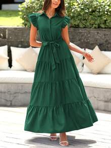Women Summer Dress Casual Cap Ruffle Sleeve V Neck Button Down Belted High Waist Tiered A-Line Boho Maxi Dress With Pockets Boho Beach Holiday Wedding Guest Valentine - 墨綠色 - 查看 1