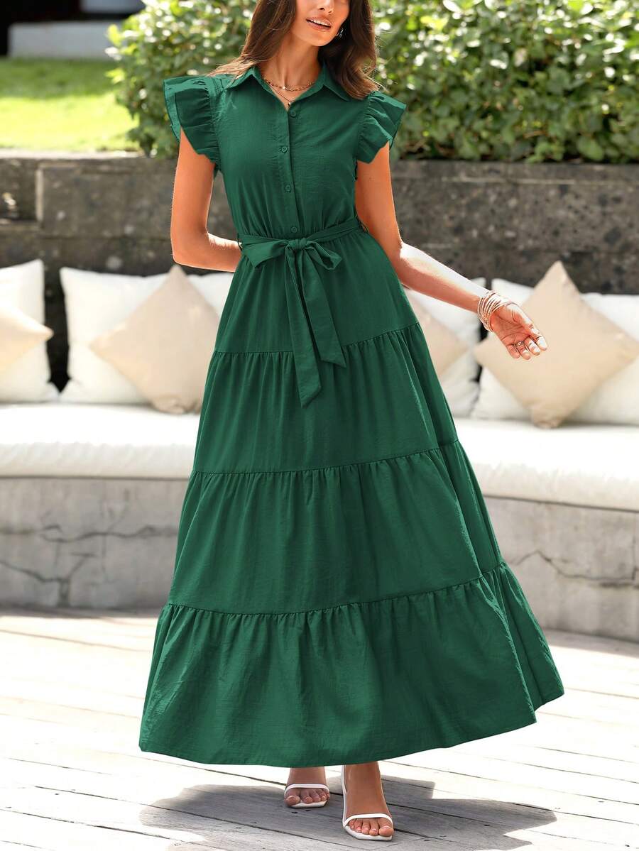 Women Summer Dress Casual Cap Ruffle Sleeve V Neck Button Down Belted High Waist Tiered A-Line Boho Maxi Dress With Pockets Boho Beach Holiday Wedding Guest Valentine - 墨綠色 - 查看 1