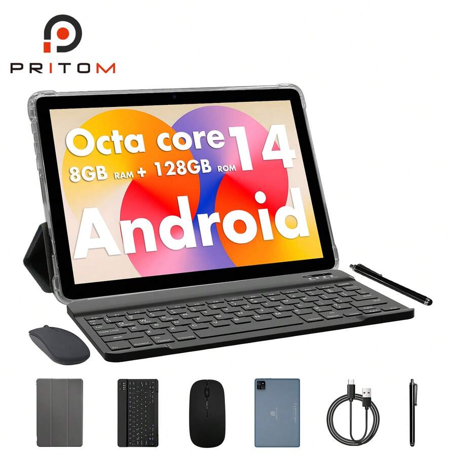 PRITOM Android 14 Tablet (A523 8-Core 1.8Ghz/8GB(4+4Expand)) RAM/128GB Rom/10.1 Inch 1280*800 Ips Screen/5G WIFI 5G WIFI 802.11ac/BT 5.0/8000mah/Type-C/2mp+8mp Camera/ With Free Leather Case, Keyboard ,Mouse, Stylus(No Adapter) - Grey - View 1