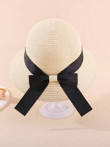 1 Peça Chapéu de Sol de Aba Larga com Laço Preto para Meninas de 2-6 Anos, Chapéu de Praia de Verão Fofo com Proteção UV para Crianças Pequenas em Viagens ao Ar Livre - Laço de fita - Visão 10