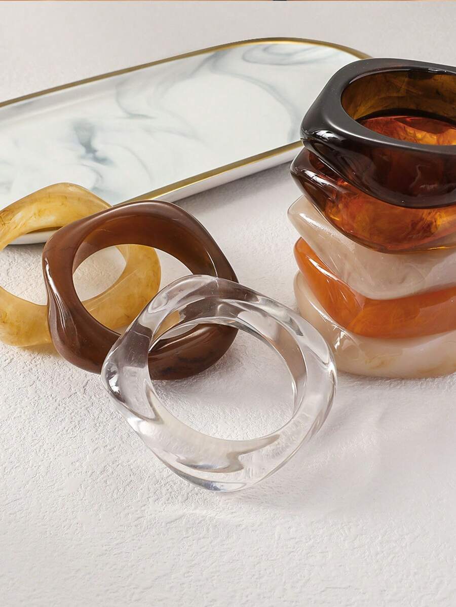 1pc Tie-Dyed Resin Square Geometric Coffee Color Asymmetrical Wide Colorful Vintage Bangle Bracelet, Women Jewelry For Daily And Evening Wear