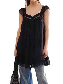 Women Lace Trim Mini Dress Ruffle Flowy Babydoll Dress Spaghetti Strap Loose Sundress Boho Going Out Dresses - 黑色 - 查看 1