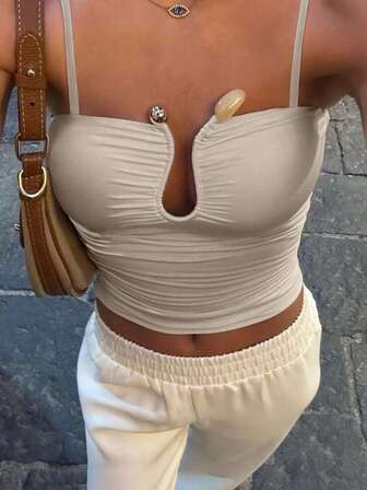 Women Summer Knitted Camisole Tank Top - Fitted, Elegant, Sexy, Romantic, Suitable For Vacations, Independence Day, Graduation Season, Ivory Color