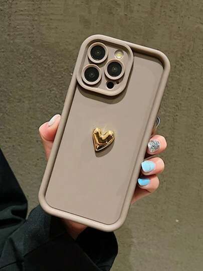 1PC 3D Gold Heart Silicone Phone Case Cute Gift Shockproof Soft TPU Cover Compatible With IPhone 13 16 Pro Max & Compatible With Samsung Galaxy A14/A54/S25 Ultra Camera Raised Protection