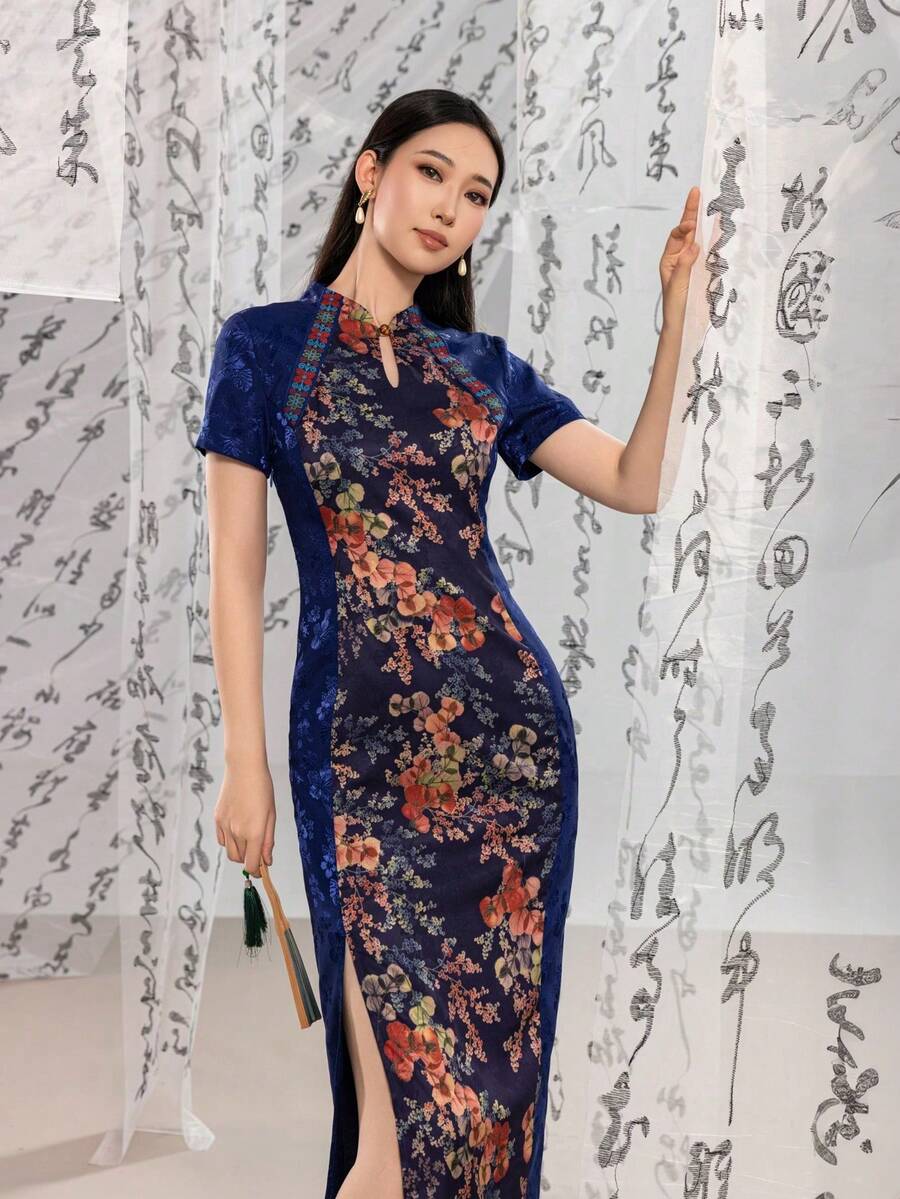 Improved New Chinese Style Cheongsam, High Neck Short Sleeve Side Slit Summer