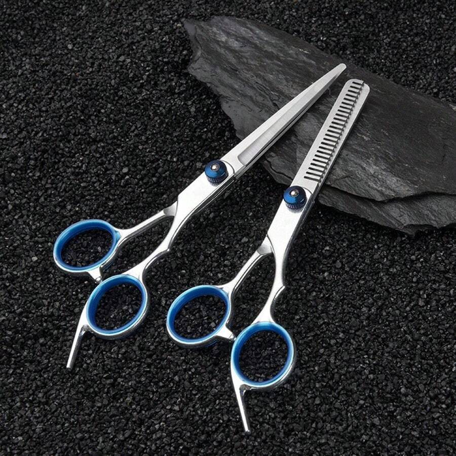 2pcs/Set High Quality Stainless Steel Professional Haircut Kit, Includes Thinning Scissors And Trimming Scissors, Suitable For Barbershops And Home Use - White and Blue - View 1
