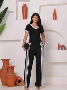 Women's Basic Sports Set Striped Shirt/Pants With Pockets NEW IN FASHION - màu đen - Xem 2