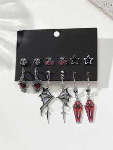6 对哥特式骷髅、樱桃、五星玫瑰、蝙蝠翼、棺材、蜘蛛、扫帚万圣节耳环套装 - 彩色 - 查看 12