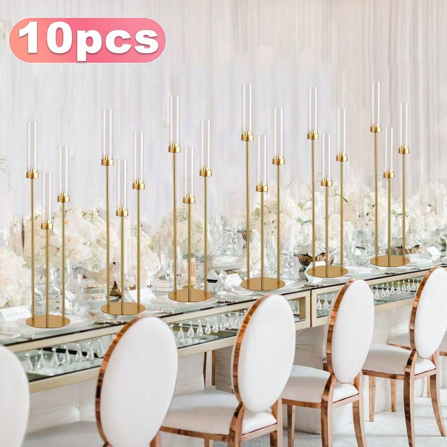 10PCS 3 Arm Gold Metal Candelabra For Wedding Dining Table, Hurricane Candle Holders Centerpiece,33.8inch Taper Candle Holders With Acrylic Shades For Ceremony, Birthday Party,Halloween,Christmas Party Decor,Mother's Day Party Supplies,(Not Include LED Candle) - Vàng ánh kim - Xem 1