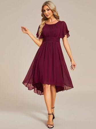 Fall Women's Elegant Ruffle Sleeve Pleated Chiffon Burgundy Bridesmaid Dresses Formal Dress Wedding Guest Gown For Wedding