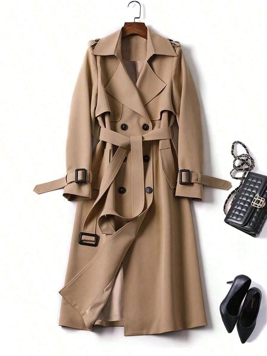 Trench abrigo de las mujeres en la sección larga de la primavera y el otoño nueva versión coreana del popular estilo británico sobre la chaqueta de abrigo de la rodilla - Caqui - Ver 1