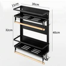 Magnetic Refrigerator Shelf, No Drilling Required, Foldable Magnetic Refrigerator Shelf, Wall-Mounted Spice Rack, Multifunctional Spice Rack With Paper Towel Holder And Hooks For Kitchen Utensils, Suitable For Refrigerator, Kitchen Wall - 40 X 30 X 11 Cm - Black - Black - View 9