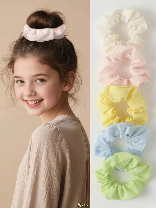5pcs Girls' Cute Fashion Versatile Candy Color Pleated Fabric Scrunchies