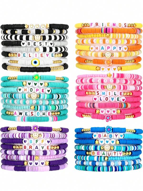 Set de 8 piezas de cuentas de arcilla surfista de amistad tipo heishi, pulseras apilables con cuentas de estilo preppy, pulseras de amistad bohemias Y2K para mujeres - Lindo