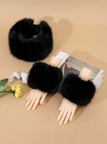 2pcs/Set Fashionable Solid Color Faux Fur Soft Fluffy Warm Headband And Arm Warmers, Autumn/Winter