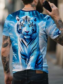 Men's 3D Tiger Print Round Neck Short Sleeve T-Shirt, Casual Summer Wear - Blue - View 2