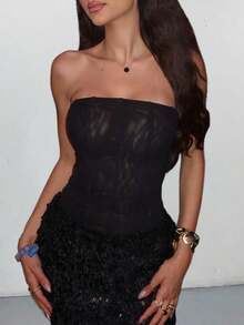 Sedessea 复古网纱半透明束身抹胸上衣，无肩带，带钢圈，胸前系带，打造性感乡村音乐会夏季度假造型，优雅迷人 - 黑色 - 查看 4